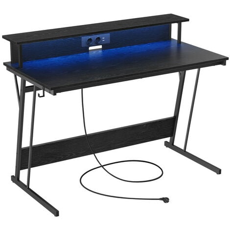 Bureau Gaming avec LED et Multiprise, Table Gamer, Bureau Informatique avec Rehausseur d’Écran, pour 2 Ordinateurs, pour Chambre, 60 x 120 x 75 cm, Noir Boisé