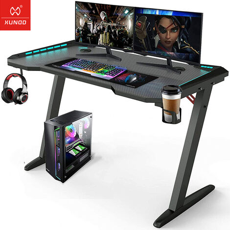 Bureau Gaming avec LED RGB Bureau Gamer Table en Forme de Z avec Support de Haut-Parleur et Porte-Gobelets