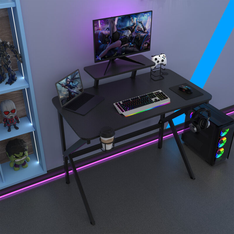 Skecten - Bureau Gaming, Bureau d'Ordinateur Grand pour Gamer, Plateau Fibre de Carbone, Partition pour Affichage, Equipé avec Crochet pour Casque,