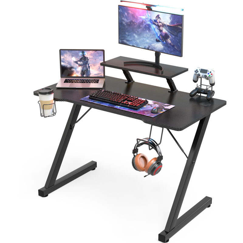 Bureau Gaming & Bureau Ordinateur Professionnel en Carbone – Capacité 100kg avec Supports Intégrés (Casque/Console/Tasse/Écran) – Noir 100x55x75cm
