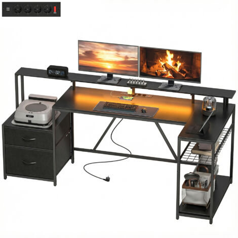 Bureau Gaming d'Angle avec Station de Charge, Éclairage LED et Support d'Écran, en Bois et Acier, 192.5x80x86.5 cm, Noir
