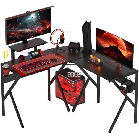 HOMCOM Bureau gaming d'angle bureau gamer bureau informatique bracket casque porte-gobelet étagère écran réglable métal panneaux texture carbone noir