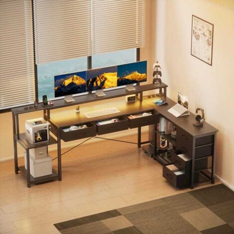 Bureau Gaming en L avec LED & Prise de Courant, Bureau Réversible 78" avec Étagère, Sac de Rangement, Crochet, Support Écran & 7 Tiroirs, Noir