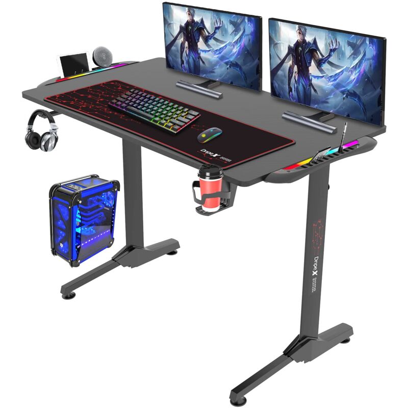 Neche - Bureau Gaming Ergonomique, Table d'ordinateur avec led, Grand Bureau de jeu avec Panier à Boissons Crochet Pour Casque, Adapté au Bureau