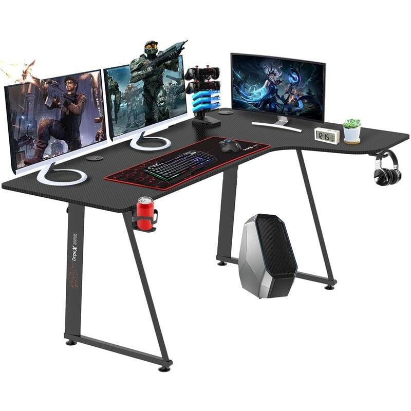 Yoleo - Bureau Gaming Ergonomique,Table d'ordinateur en Forme de l Droite,Grand Bureau de jeu avec Panier à Boissons Crochet Pour Casque,Adapté au