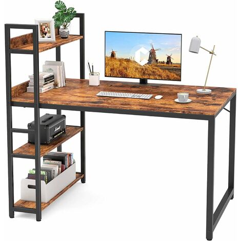 Bureau Gaming Informatique - 12060117cm Bureau Gamer Stable Barre Triangle avec 3 Etagères Rangements Gauche ou Droite pour Travailler Etudier Jouer Chambre Style Industriel Marron Noir