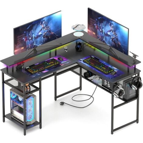 JANZDIYS Prise électrique, 140x120cm Grande Table Gaming avec étagères de Rangement et Support d'écran, Bureau Gamer en Forme de L Table pour Etudier, Jouer et Travailler, Noir