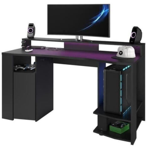 Bureau gaming LED droit - Noir - L 152 x P 61,5 x H 86,7 cm - Grande zone de jeu - GAMING