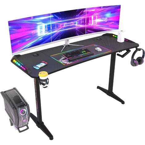 Bureau Gaming Led Hauteur Réglable: Bureau Gamer RGB Noir 160x60cm Table Gaming avec Rangement - 69 à 155cm