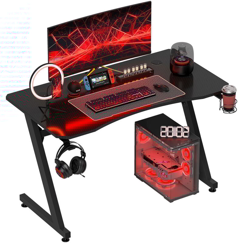 Homcom - Bureau gaming plateau effet fibre de carbone dim. 120L x 65l cm bracket casque porte-gobelet passe-câble noir
