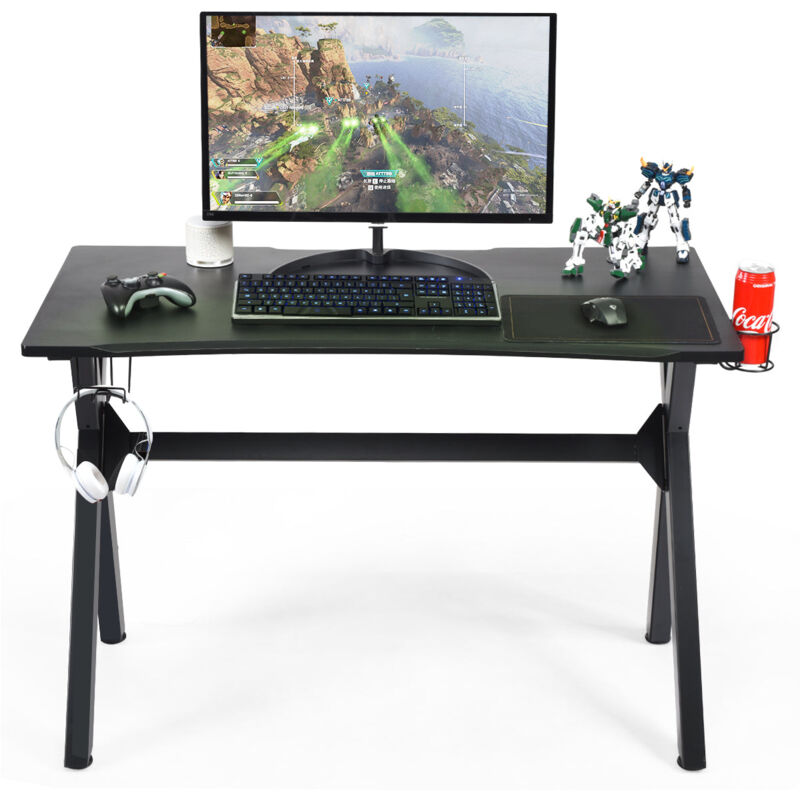 Bureau gaming pour gamer 123,5 x 60 x 76 cm table ergonomique avec porte-gobelet crochet pour casque et tapis de souris