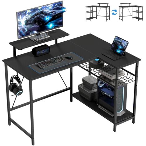 Bureau gaming réversible, bureau gaming d'angle, support pour écran, étagère en maille réglable, 114,5x82x91,5cm, noir