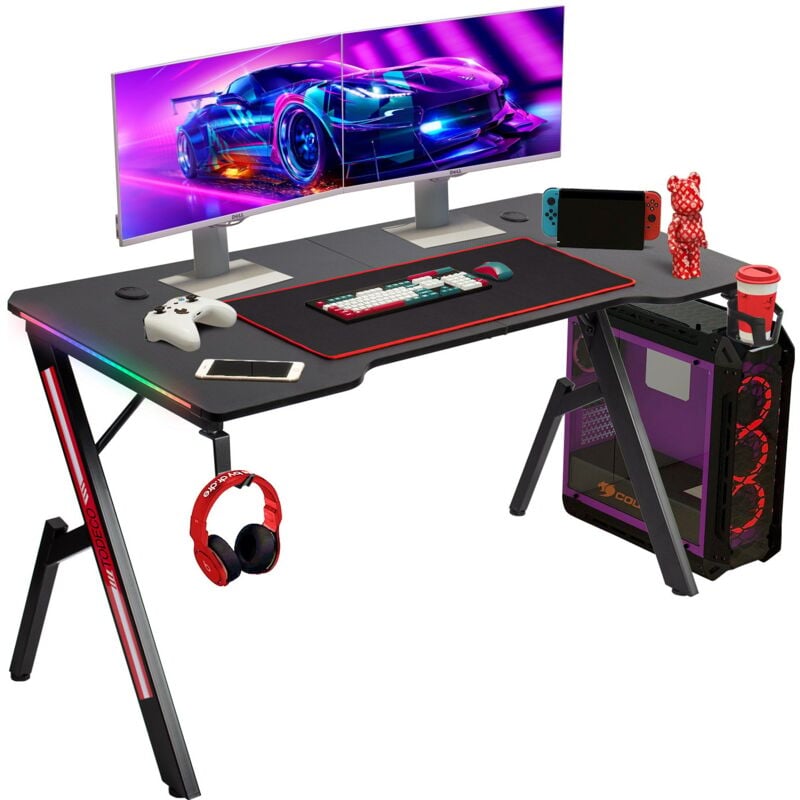 Todeco - Bureau Gaming rgb 140 x 60cm, Grande Bureau Gamer avec Un Plateau en Fibre de Carbone, Ergonomic Bureau avec Tapis de Souris, Porte-gobelet