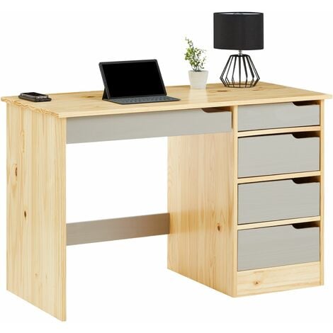 Bureau HUGO avec 5 tiroirs en pin massif naturel et lauré gris