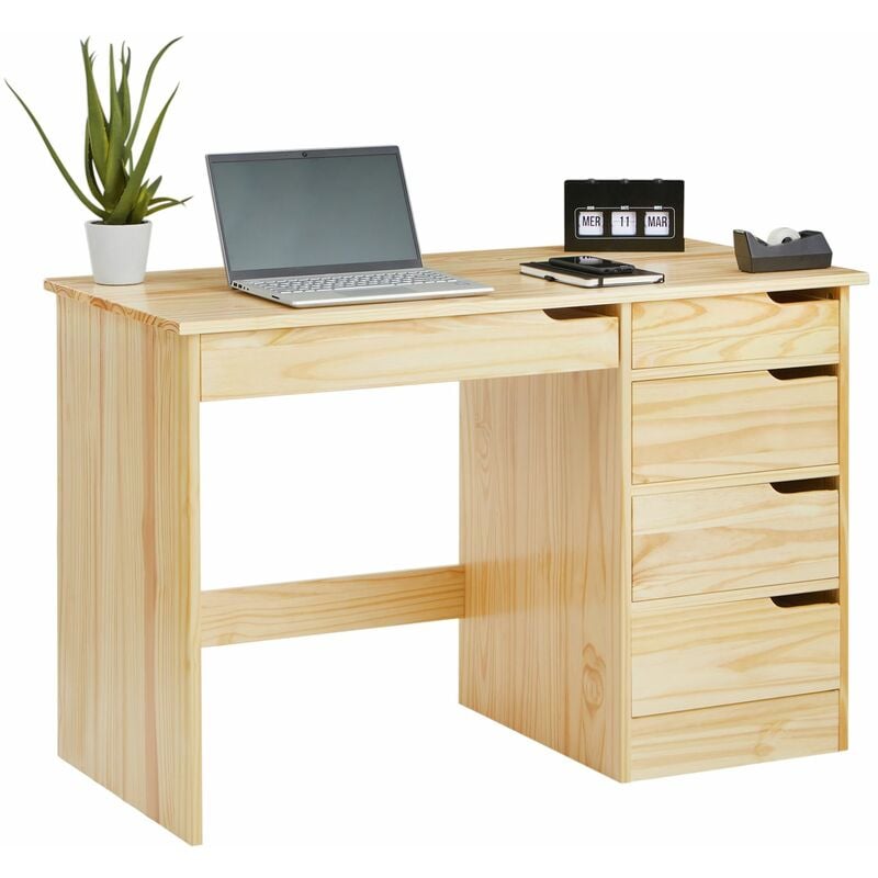 Idimex - Bureau hugo avec 5 tiroirs en pin massif à la finition naturellel
