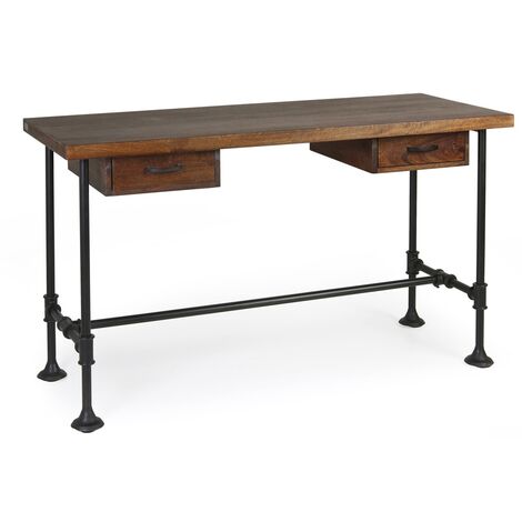 Bureau industriel 2 tiroirs fer noir et bois de manguier marron Kouba 135cm