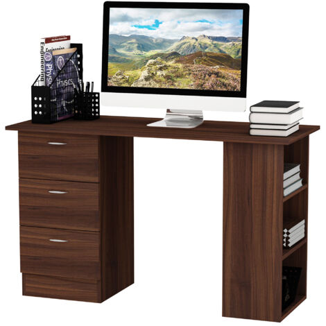 Bureau informatique 120x50 cm avec étagères et tiroirs, HOMCOM, table d'ordinateur noyer pour petits espaces, chambre