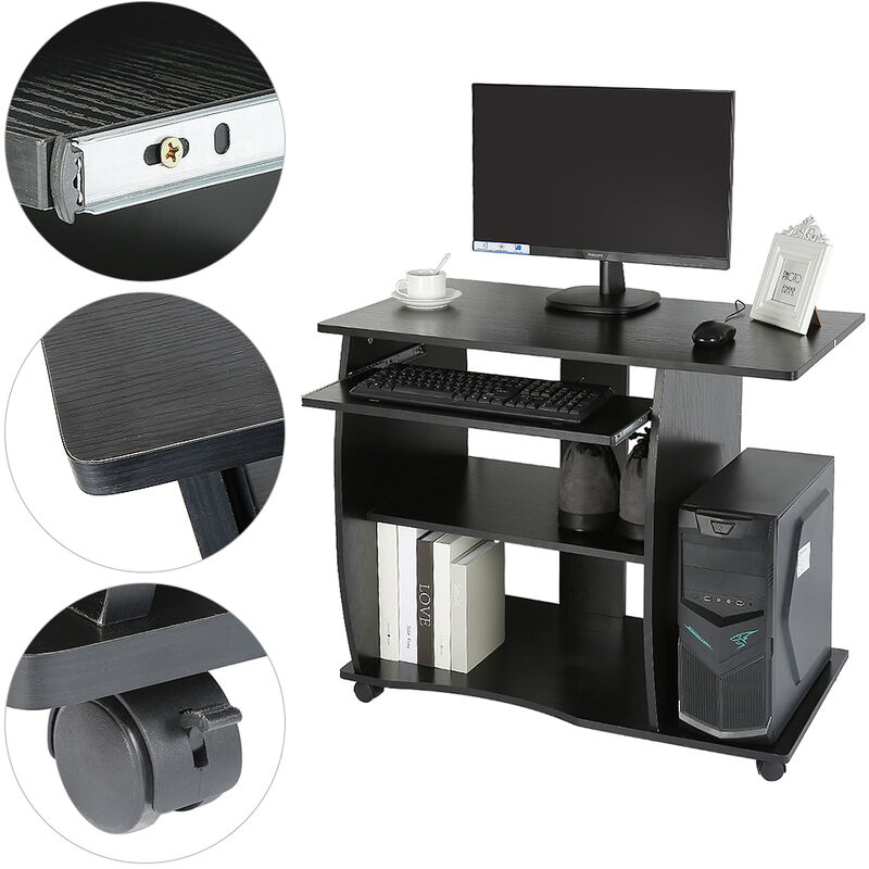 Skecten - Bureau informatique à 4 roulettes 90x50x75 cm tablette clavier table d'ordinateur meuble de bureau noir