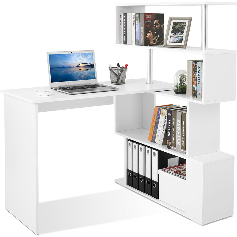 Mondeer - Bureau d'angle rotatif 360° avec bibliothèque Intégrée bureau d'ordinateur modulable design minimaliste 106-157x45x75 cm Blanc