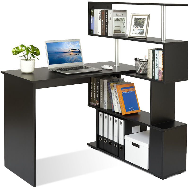 Mondeer - Bureau d'angle rotatif 360° avec bibliothèque Intégrée bureau d'ordinateur modulable design minimaliste 106-157x45x75 cm Noir
