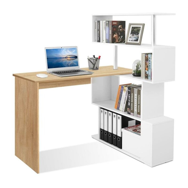 Mondeer - Bureau d'angle rotatif 360° avec bibliothèque Intégrée bureau d'ordinateur modulable design minimaliste 106-157x45x75 cm Blanc&Naturel
