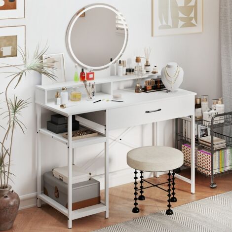 Bureau Informatique avec Étagère Supérieure Tiroir et Étagère à 2 Niveaux Bureau d'Écriture et d'Étude avec Cadre en Métal Robuste Blanc