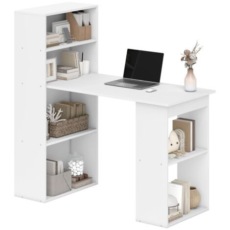 Bureau informatique avec étagères 6 niveaux, table en bois bureau d'étude, 120 x 55 x 120 cm, blanc