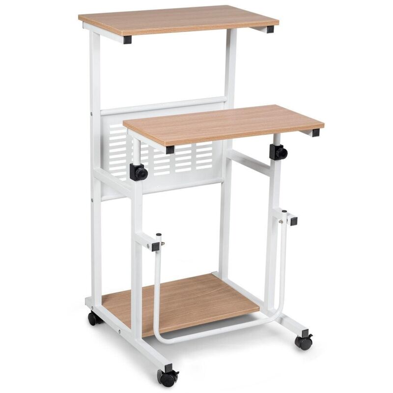 Bureau informatique avec plateau de clavier support d'imprimante roulant assis-debout ajustable 68-98cm - Or