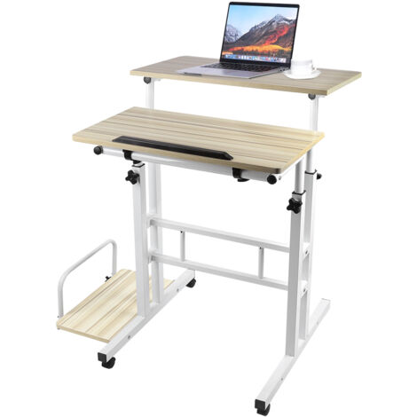 Bureau Informatique avec plateau inclinable, Design Table Ordinateur roulettes avec Freins Bureau Ordinateur 80x60x67-117cm