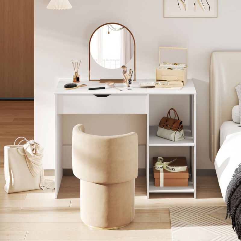 Bureau Informatique avec Plateau Relevable Bureau Portable avec Compartiment Caché et 2 Étagères de Rangement Ouvertes Blanc
