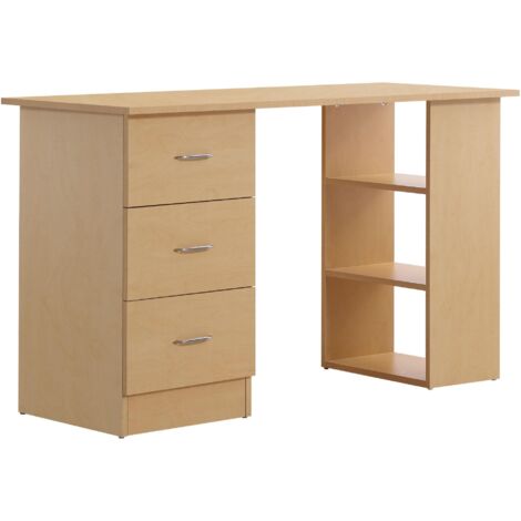Bureau informatique avec rangement 120x50 cm, table PC avec étagères et tiroirs, gain de place, bois clair