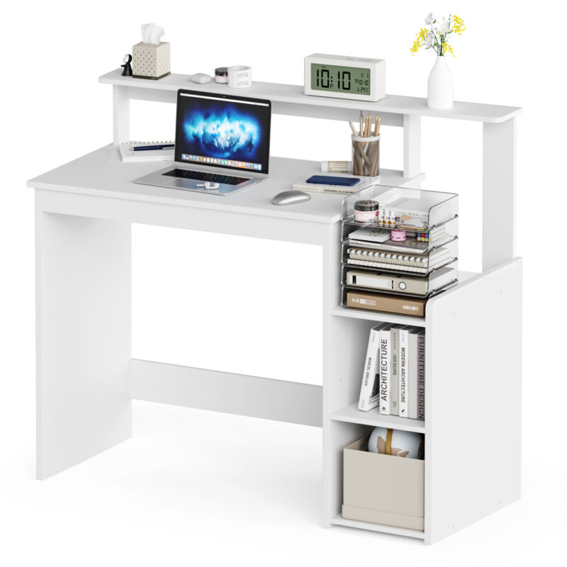 Bureau Informatique avec Rangement et Étagère Réglable, Bureau d'Ordinateur pour Travail/Étude,110L x 48P x 93H cm, Blanc, Mondeer