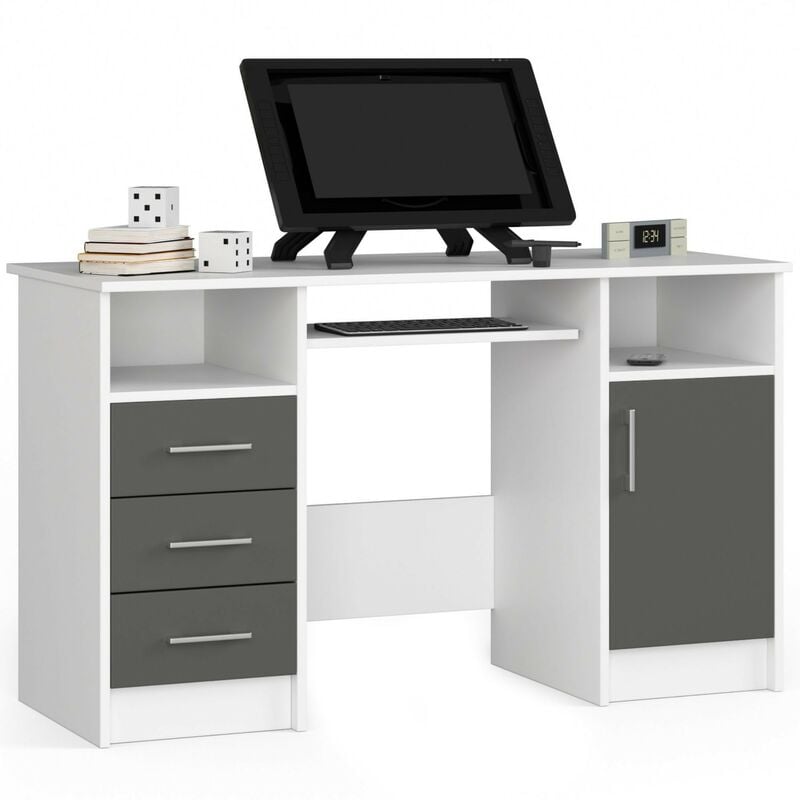 Bureau d'ordinateur AKORD ANA Blanc 124 cm 1 porte 3 tiroirs façade Gris Graphite 5 étagères 124x52x74 cm