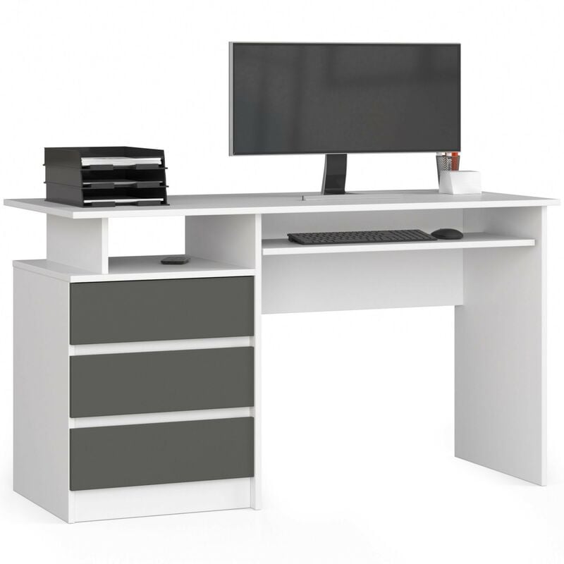 Akord - Bureau d'ordinateur clp Blanc 135 cm 3 tiroirs façade Gris Graphite 2 étagères 135x60x77 cm
