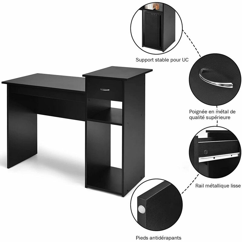 bureau informatique bureau d'ordinateur en mdf avec tiroir et 2 compartiments de rangement pour bureau noir - noir