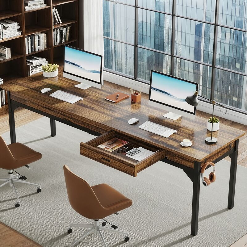 Bureau Informatique, Bureau pour Ordinateur Portable, Double Bureau Long, 200 x 60 x 82 cm, Marron Rustique