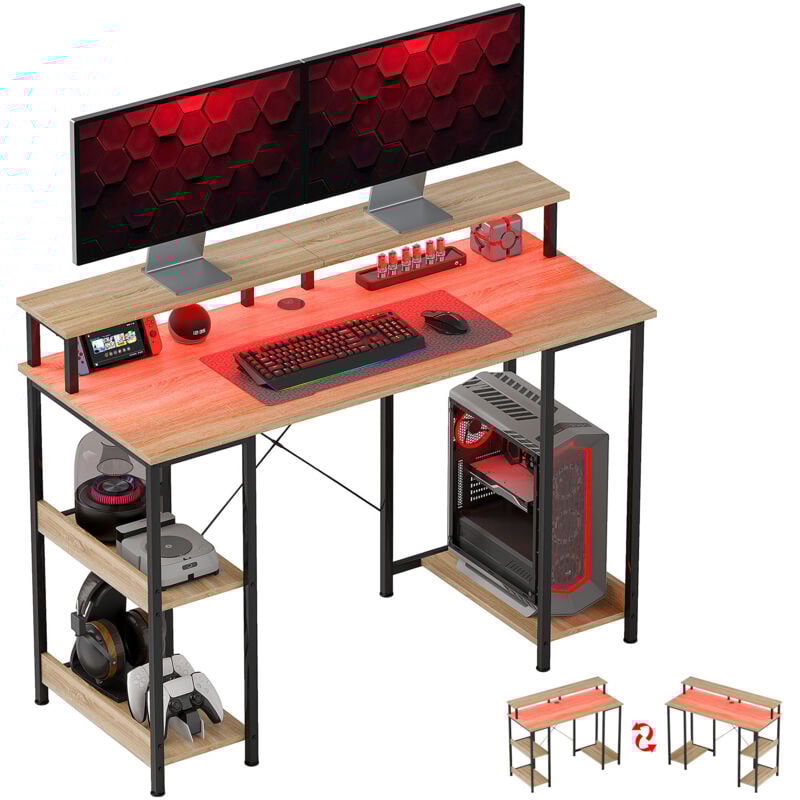 Homcom - Bureau informatique design industriel led - 3 étagères, réhausseur d'écran - acier noir effet bois naturel