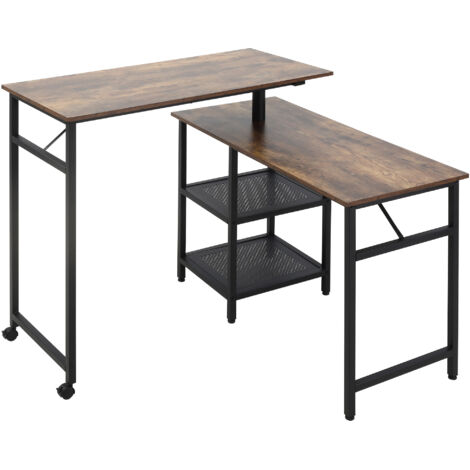 Bureau Informatique Design Industriel modulable Bureau d'angle 2 étagères Aspect Vieux Bois métal Noir