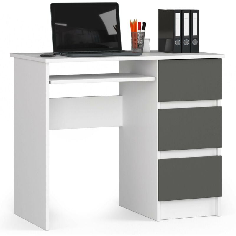 Bureau d'ordinateur Akord droit A6 Blanc 90 cm 3 tiroirs façade Gris Graphite 1 étagère 90x50x77 cm