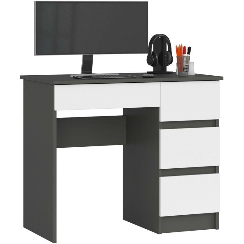 Akord - Bureau d'ordinateur droit A7 Gris Graphite 90 cm 4 tiroirs façade Blanche 90x50x77 cm