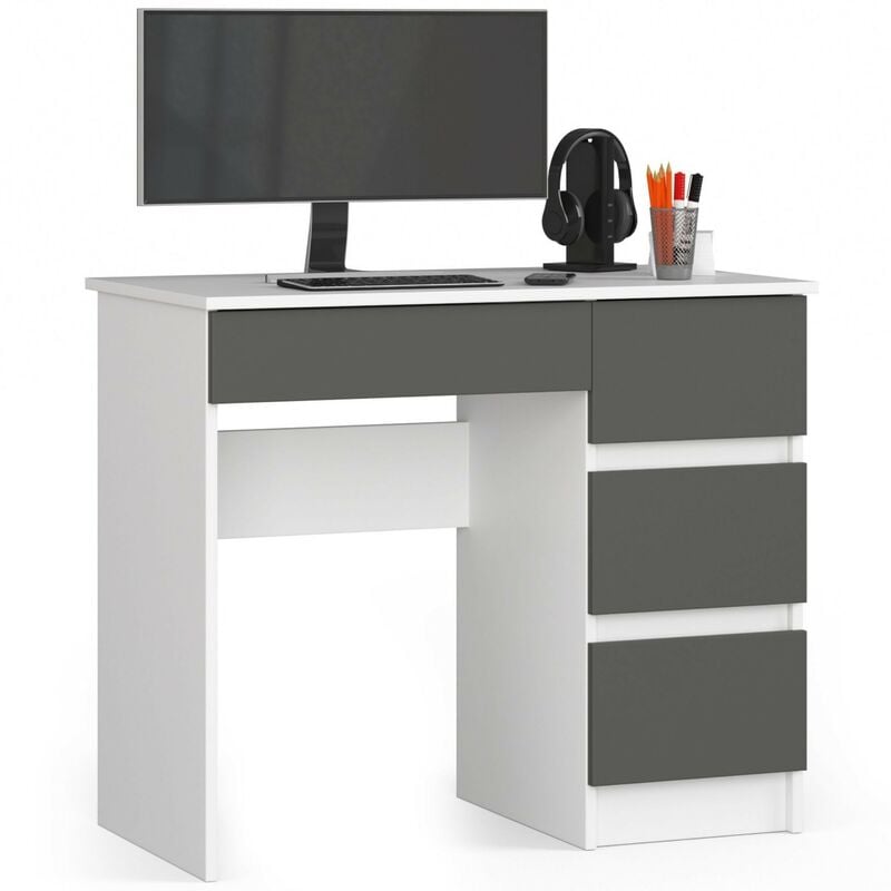Akord - Bureau d'ordinateur droit A7 Blanc 90 cm 4 tiroirs façade Gris Graphite 90x50x77 cm