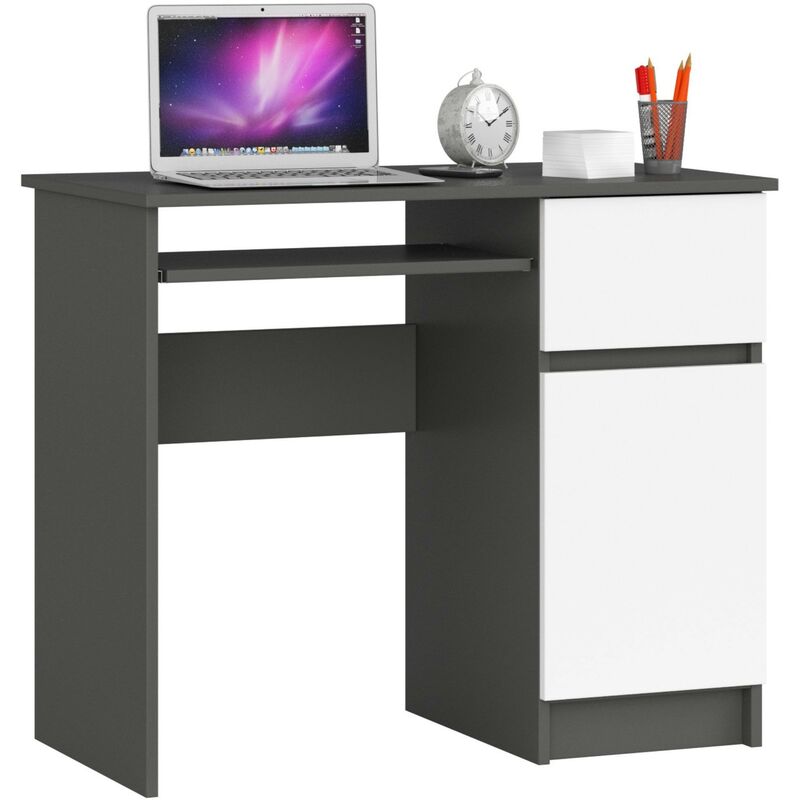 Akord - Bureau d'ordinateur droit piksel Gris Graphite 90 cm 1 porte 1 tiroir façade Blanche 3 étagères 90x50x77 cm
