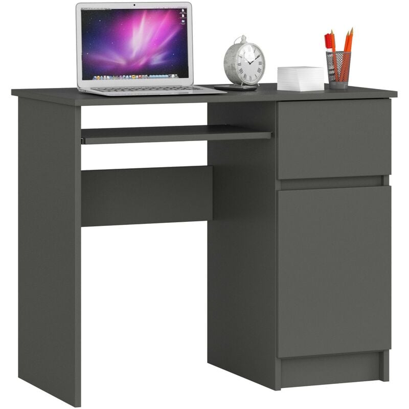 Akord - Bureau d'ordinateur droit piksel Gris Graphite 90 cm 1 porte 1 tiroir façade Gris Graphite 3 étagères 90x50x77 cm