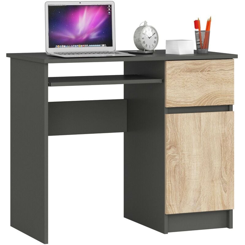 Akord - Bureau d'ordinateur droit piksel Gris Graphite 90 cm 1 porte 1 tiroir façade Chêne Sonoma 3 étagères 90x50x77 cm