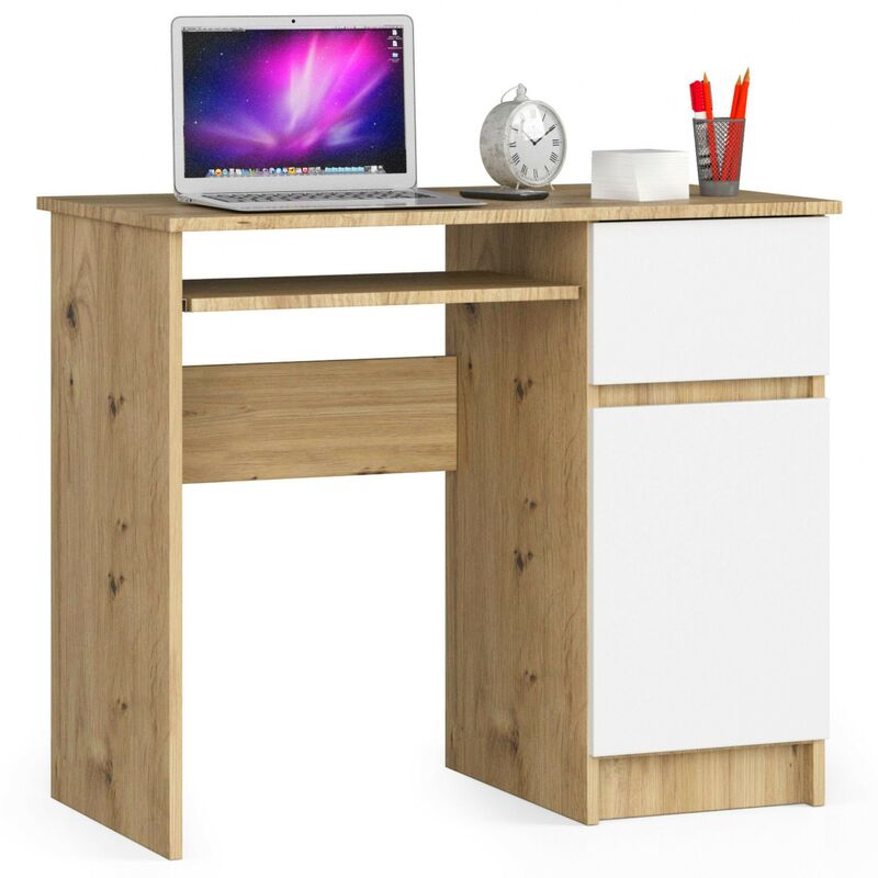 Akord - Bureau d'ordinateur droit piksel Chêne Artisan 90 cm 1 porte 1 tiroir façade Blanche 3 étagères 90x50x77 cm