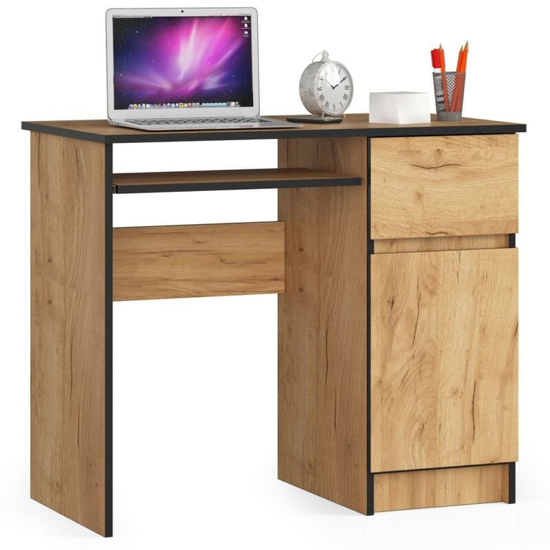 Akord - Bureau d'ordinateur droit piksel Chêne Craft 90 cm 1 porte 1 tiroir façade Chêne Craft 3 étagères 90x50x77 cm