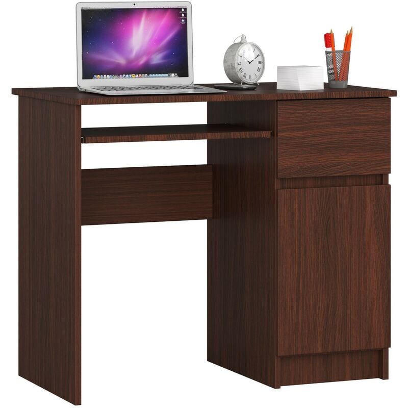 Akord - Bureau d'ordinateur droit piksel Wengé 90 cm 1 porte 1 tiroir façade Wengé 3 étagères 90x50x77 cm