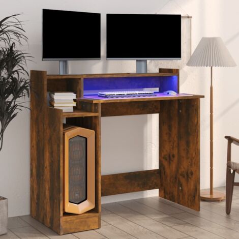 Bureau informatique et lumières LED - Table de bureau Chêne fumé 97x45x90 cm Bois d'ingénierie BV472115 - BonneVie