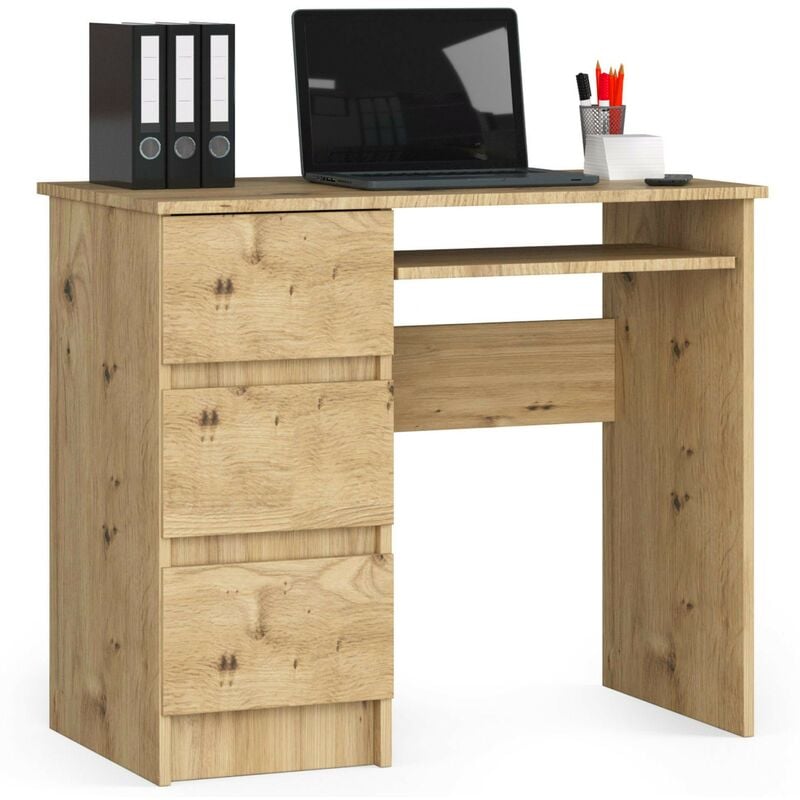 Akord - Bureau d'ordinateur gauche A6 Chêne Artisan 90 cm 3 tiroirs façade Chêne Artisan 1 étagère 90x50x77 cm