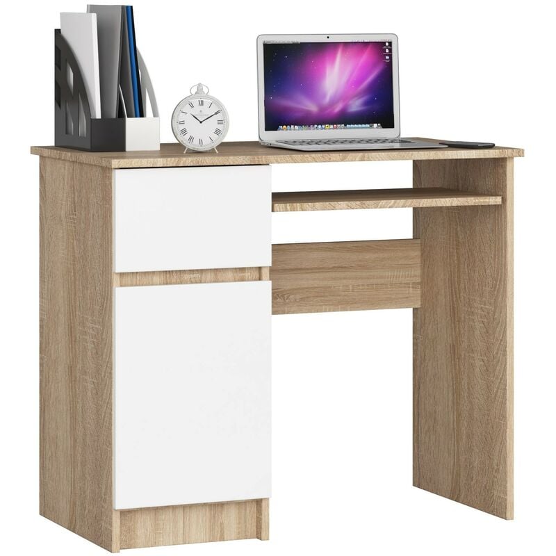 Akord - Bureau d'ordinateur gauche piksel Chêne Sonoma 90 cm 1 porte 1 tiroir façade Blanche 3 étagères 90x50x77 cm